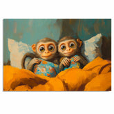Adorable Painting of Two Monkeys Snuggled Under a Blanket Holding Pillows with Big Eyes and Sweet Expressions in a Cozy Bedroom Setting on Ready to Hang 1.5" Thick Canvas Wrap, Floating Framed Canvas, Flat Rolled Canvas
