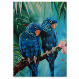 Tropical Blue Parrot Pair Artwork Featuring Vibrant Feathers and Orange Beaks Perched on a Branch with Lush Green Foliage and Delicate Pink Flowers on Ready to Hang 1.5" Thick Canvas Wrap, Floating Framed Canvas, Flat Rolled Canvas