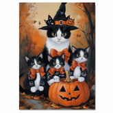 Enchanted Autumn Gathering: Tuxedo Cat Mom in Witch Hat with Three Kittens and Carved Pumpkin on Ready to Hang 1.5" Thick Canvas Wrap, Floating Framed Canvas, Flat Rolled Canvas