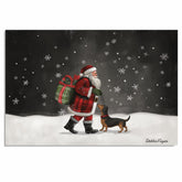 Doxie Christmas Canvas - "Snowy Adventure" - Dachshund and Santa in The Winter Snow on Ready to Hang 1.5" Thick Canvas Wrap, Floating Framed Canvas, Flat Rolled Canvas