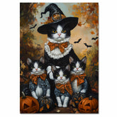 Shadowed Enchantment: Tuxedo Witch Mom and Three Kittens in a Haunted Forest on Ready to Hang 1.5" Thick Canvas Wrap, Floating Framed Canvas, Flat Rolled Canvas