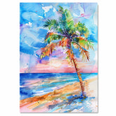 Colorful Palm Tree at Sunset by the Ocean Watercolor Painting Beach Scene on Ready to Hang 1.5" Thick Canvas Wrap, Floating Framed Canvas, Flat Rolled Canvas
