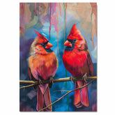 Pair of Red Cardinals on Branch – Vivid Brushstroke Style Painting with Expressive Background and Lifelike Bird Details in Bold Colors on Ready to Hang 1.5" Thick Canvas Wrap, Floating Framed Canvas, Flat Rolled Canvas