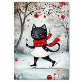Christmas Wall Art Featuring Whimsical Black Cat Ice Skating with Red Scarf and Snowy Forest Background Cute Holiday Animal Illustration for Winter Home Decor and Gifts on Ready to Hang 1.5" Thick Canvas Wrap, Floating Framed Canvas, Flat Rolled Canvas