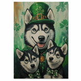 Festive Charm: Siberian Husky with Puppies in St. Patrick's Day Attire on Ready to Hang 1.5" Thick Canvas Wrap, Floating Framed Canvas, Flat Rolled Canvas