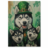 Festive Charm: Siberian Husky with Puppies in St. Patrick's Day Attire on Ready to Hang 1.5" Thick Canvas Wrap, Floating Framed Canvas, Flat Rolled Canvas