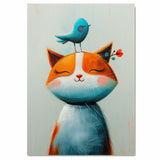 Whimsical Orange and White Cat with Blue Bird on Head Illustration for Kids Room or Nursery Art Print Cute Animal Artwork with Playful and Joyful Design on Ready to Hang 1.5" Thick Canvas Wrap, Floating Framed Canvas, Flat Rolled Canvas