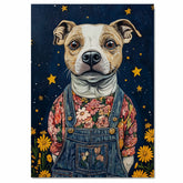 Dog Wall Art in Floral Shirt and Overalls Whimsical Animal Nursery Decor Farmhouse Bedroom Wall Art Cottage Country Room Decor Gift for Dog Lovers on Ready to Hang 1.5" Thick Canvas Wrap, Floating Framed Canvas, Flat Rolled Canvas