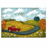 Farm Folk Art Print Featuring Red Vintage Truck Rolling Hills Autumn Trees and Cozy Country House Whimsical Landscape Illustration for Rustic Wall Decor on Ready to Hang 1.5" Thick Canvas Wrap, Floating Framed Canvas, Flat Rolled Canvas