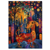 Whimsical Colorful Dachshund Dog in Fantasy City Night Scene Playful and Cheerful Art for Home Wall Decor Living Room Bedroom or Unique Dog Lover Gift on Ready to Hang 1.5" Thick Canvas Wrap, Floating Framed Canvas, Flat Rolled Canvas