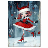 Whimsical Christmas Devil Girl Ice Skating in Red Santa Dress with Horns and Candy Cane Stripes Winter Fantasy Art Print or Canvas for Holiday Wall Decor on Ready to Hang 1.5" Thick Canvas Wrap, Floating Framed Canvas, Flat Rolled Canvas
