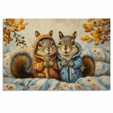 Charming Painting of Two Squirrels in Colorful Hoodies Sitting in a Cozy Autumn Setting Surrounded by Blankets and Golden Leaves with Whimsical Expressions on Ready to Hang 1.5" Thick Canvas Wrap, Floating Framed Canvas, Flat Rolled Canvas