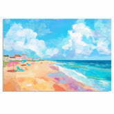 Colorful Beach Day Folk Art – Countryside Wall Print with Umbrellas & Ocean View on Ready to Hang 1.5" Thick Canvas Wrap, Floating Framed Canvas, Flat Rolled Canvas