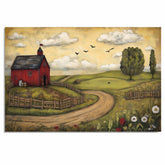 Country Farm Folk Art Print Featuring Red Barn and Rolling Hills Hand Drawn Rustic Landscape Illustration for Cozy Home Wall Decor or Unique Gift Idea on Ready to Hang 1.5" Thick Canvas Wrap, Floating Framed Canvas, Flat Rolled Canvas