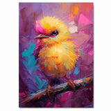 Modern Baby Bird Painting with Vivid Color Contrast Featuring Blue Pink and Yellow Feathers in Oil Style Brushwork for Artistic Home or Office Spaces on Ready to Hang 1.5" Thick Canvas Wrap, Floating Framed Canvas, Flat Rolled Canvas
