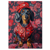 Heartfelt Elegance: Dachshund in a Red Love-Themed Top and Hat Adorable Romantic Painting on Ready to Hang 1.5" Thick Canvas Wrap, Floating Framed Canvas, Flat Rolled Canvas