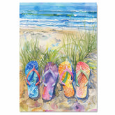 Four Colorful Flip Flops in Beach Grass by Ocean Shore in Vibrant Watercolor Summer Coastal Illustration on Ready to Hang 1.5" Thick Canvas Wrap, Floating Framed Canvas, Flat Rolled Canvas