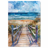 Dramatic Coastal Boardwalk Watercolor Painting – Path to the Ocean with Windswept Dunes and Stormy Sky on Ready to Hang 1.5" Thick Canvas Wrap, Floating Framed Canvas, Flat Rolled Canvas