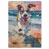 Watercolor Dog Running on Beach with Colorful Sunset and Splashing Surf in Vibrant Coastal Animal Art for Dog Lovers on Ready to Hang 1.5" Thick Canvas Wrap, Floating Framed Canvas, Flat Rolled Canvas