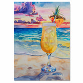Watercolor Painting of a Pina Colada at Sunset Tropical Beach Cocktail Art Print for Summer and Coastal Home Decor on Ready to Hang 1.5" Thick Canvas Wrap, Floating Framed Canvas, Flat Rolled Canvas