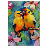 Charming Yellow Bird Pair Artwork Featuring Bright Plumage and Blossoms on a Branch with a Lush Floral Background in Vivid Colors and Whimsical Style on Ready to Hang 1.5" Thick Canvas Wrap, Floating Framed Canvas, Flat Rolled Canvas