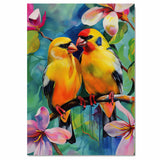 Charming Yellow Bird Pair Artwork Featuring Bright Plumage and Blossoms on a Branch with a Lush Floral Background in Vivid Colors and Whimsical Style on Ready to Hang 1.5" Thick Canvas Wrap, Floating Framed Canvas, Flat Rolled Canvas