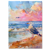 Watercolor Seagull Standing on Shore with Sunset Sky and Waves in a Vibrant Coastal Scene on Ready to Hang 1.5" Thick Canvas Wrap, Floating Framed Canvas, Flat Rolled Canvas