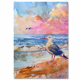Watercolor Seagull Standing on Shore with Sunset Sky and Waves in a Vibrant Coastal Scene on Ready to Hang 1.5" Thick Canvas Wrap, Floating Framed Canvas, Flat Rolled Canvas