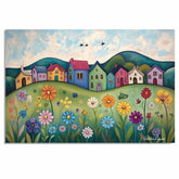 Peaceful Folk Art Canvas – Colorful Village Houses and Wildflowers on Rolling Hills Under Blue Sky on Ready to Hang 1.5" Thick Canvas Wrap, Floating Framed Canvas, Flat Rolled Canvas