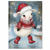 Whimsical Christmas Lamb Ice Skating Under Winter Lights in Red Sweater and Santa Hat – Sweet Holiday Animal Art for Nursery Decor, Gifts, and Seasonal Joy on Ready to Hang 1.5" Thick Canvas Wrap, Floating Framed Canvas, Flat Rolled Canvas