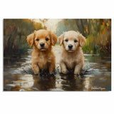 Adorable Puppies by the Pond – Impressionist Style Dog on Ready to Hang 1.5" Thick Canvas Wrap, Floating Framed Canvas, Flat Rolled Canvas