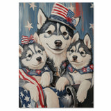 Red, White & Woof: Siberian Husky Mom with Two Puppies in a Patriotic Setting - Proud American-Themed Painting on Ready to Hang 1.5" Thick Canvas Wrap, Floating Framed Canvas, Flat Rolled Canvas