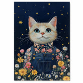 Charming White Cat in Floral Overalls Hand Painted Art Magical Starry Night Scene Perfect for Nursery Kids Room Home Wall Decor Bedroom or Animal Lovers Gift on Ready to Hang 1.5" Thick Canvas Wrap, Floating Framed Canvas, Flat Rolled Canvas