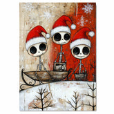 Cute Skeleton Trio Sleigh Ride Christmas Art Print – Whimsical Gothic Holiday Decor with Santa Hats & Gifts, Alternative Winter Wall Art for Spooky Season Lovers on Ready to Hang 1.5" Thick Canvas Wrap, Floating Framed Canvas, Flat Rolled Canvas