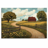 Sunny Country Road with Red Barn and Wildflowers – Peaceful Folk Art Rural Landscape Print on Ready to Hang 1.5" Thick Canvas Wrap, Floating Framed Canvas, Flat Rolled Canvas