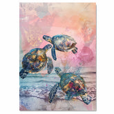 Abstract Watercolor of Three Sea Turtles Swimming Over Ocean Waves with Textured Pastel and Splash Background on Ready to Hang 1.5" Thick Canvas Wrap, Floating Framed Canvas, Flat Rolled Canvas