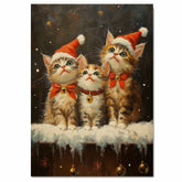 Vintage Christmas Kittens Print Three Festive Cats in Santa Hats with Bells Cozy Holiday Decor Artwork for Living Room Bedroom and Winter Decorations on Ready to Hang 1.5" Thick Canvas Wrap, Floating Framed Canvas, Flat Rolled Canvas