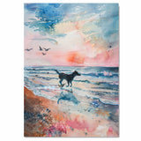 Watercolor Dog Running on Beach at Sunset with Ocean Waves and Birds in Serene Coastal Landscape Art Print on Ready to Hang 1.5" Thick Canvas Wrap, Floating Framed Canvas, Flat Rolled Canvas