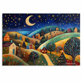 Whimsical Christmas Night with Rolling Hills, Glowing Homes, and Decorated Trees Under a Starry Sky in Folk Art on Ready to Hang 1.5" Thick Canvas Wrap, Floating Framed Canvas, Flat Rolled Canvas