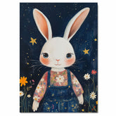 Adorable White Bunny in Floral Shirt and Overalls Hand Painted Art Whimsical Night Sky Scene Perfect for Nursery Kids Room Wall Decor Bedroom or Gift on Ready to Hang 1.5" Thick Canvas Wrap, Floating Framed Canvas, Flat Rolled Canvas