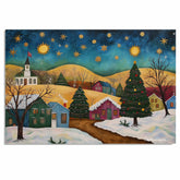 Charming Christmas Village with Decorated Tree and Golden Hills Under a Starry Night Sky in Whimsical Folk Art on Ready to Hang 1.5" Thick Canvas Wrap, Floating Framed Canvas, Flat Rolled Canvas