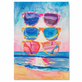 Watercolor Illustration of Three Colorful Sunglasses Stacked with Ocean Reflections and Vibrant Beach Background on Ready to Hang 1.5" Thick Canvas Wrap, Floating Framed Canvas, Flat Rolled Canvas