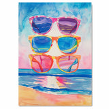 Watercolor Illustration of Three Colorful Sunglasses Stacked with Ocean Reflections and Vibrant Beach Background on Ready to Hang 1.5" Thick Canvas Wrap, Floating Framed Canvas, Flat Rolled Canvas