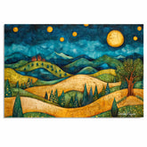Golden Hills and Starry Night with Folk Art Homes and Trees in a Whimsical Christmas Landscape Painting on Ready to Hang 1.5" Thick Canvas Wrap, Floating Framed Canvas, Flat Rolled Canvas