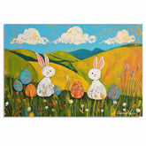Whimsical Easter Bunnies with Colorful Eggs and Rolling Hills – Folk Art Spring Wall Decor Print on Ready to Hang 1.5" Thick Canvas Wrap, Floating Framed Canvas, Flat Rolled Canvas