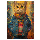 Christmas Kitten in Colorful Jacket and Scarf Adorable Holiday Cat Painting Festive Winter Lights Scene Perfect for Cozy Home Office Seasonal Gift on Ready to Hang 1.5" Thick Canvas Wrap, Floating Framed Canvas, Flat Rolled Canvas