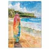 Watercolor Painting of a Multicolored Surfboard on a Tropical Beach with Ocean Waves and Green Coastal Hills in the Background on Ready to Hang 1.5" Thick Canvas Wrap, Floating Framed Canvas, Flat Rolled Canvas