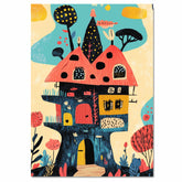Whimsical Fantasy House with Bright Colors and Playful Mid-Century Modern Illustration Style on Ready to Hang 1.5" Thick Canvas Wrap, Floating Framed Canvas, Flat Rolled Canvas