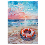Watercolor Painting of a Lifebuoy on the Beach with Ocean Waves and Colorful Sunset Sky in Coastal Summer Style on Ready to Hang 1.5" Thick Canvas Wrap, Floating Framed Canvas, Flat Rolled Canvas