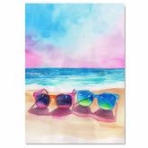 Colorful Sunglasses on Sandy Beach with Vibrant Ocean Waves and Pink Blue Sky in Watercolor Summer Coastal Illustration on Ready to Hang 1.5" Thick Canvas Wrap, Floating Framed Canvas, Flat Rolled Canvas